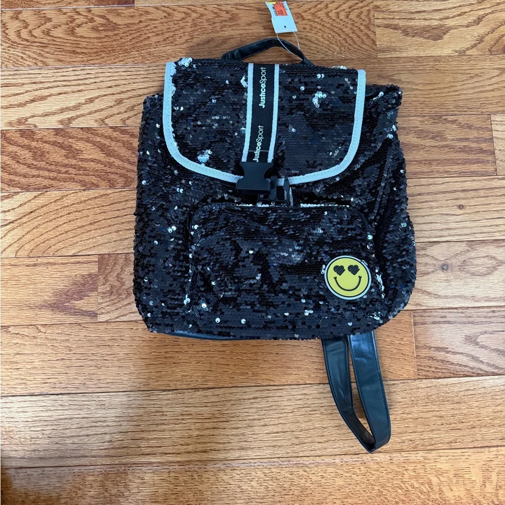 New With Tags Justice‎ One Size Mini Bag Black Sequins With Smiley Face